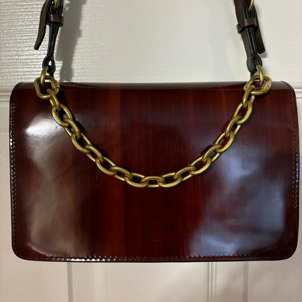 Tory Burch Sadie Wood Grain Leather Shoulder Bag Tortoiseshell Brown